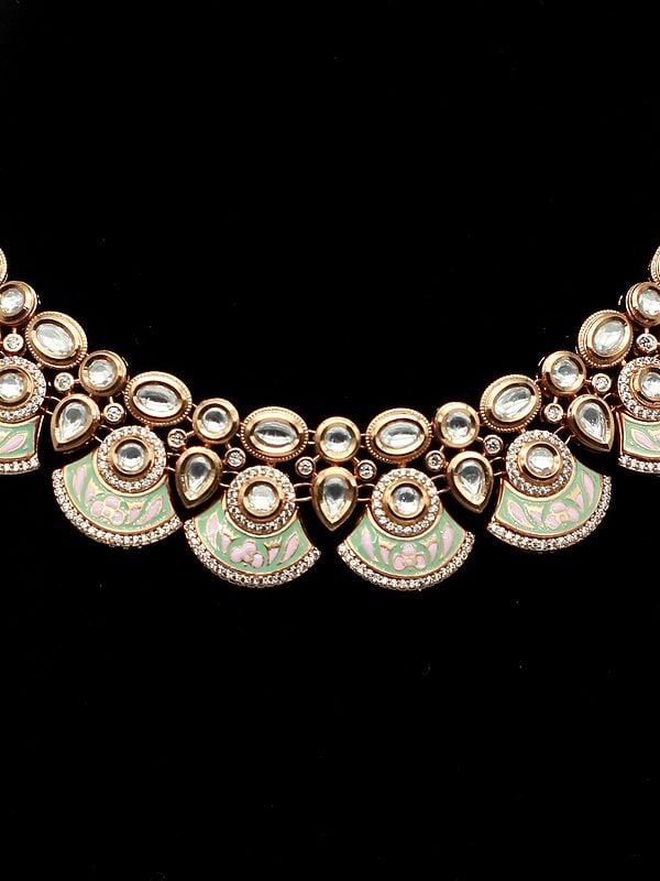 Exotic India Green And Pink Color Necklace Set In Meenakari With Beautiful Earrings For Women
