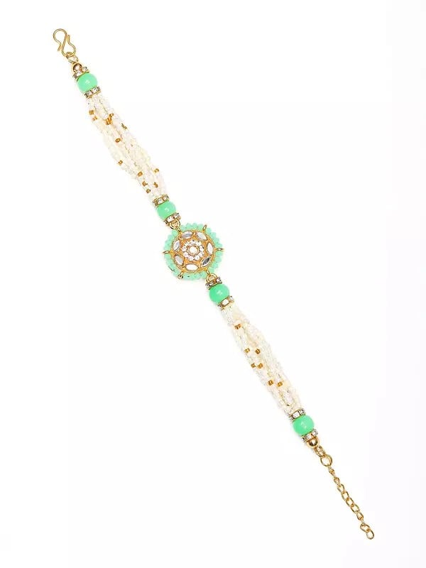 Exotic India Green And White Beaded Round Shaped Adjustable Bracelet Rakhi 