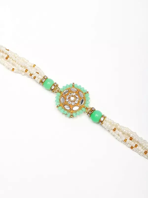 Exotic India Green And White Beaded Round Shaped Adjustable Bracelet Rakhi 