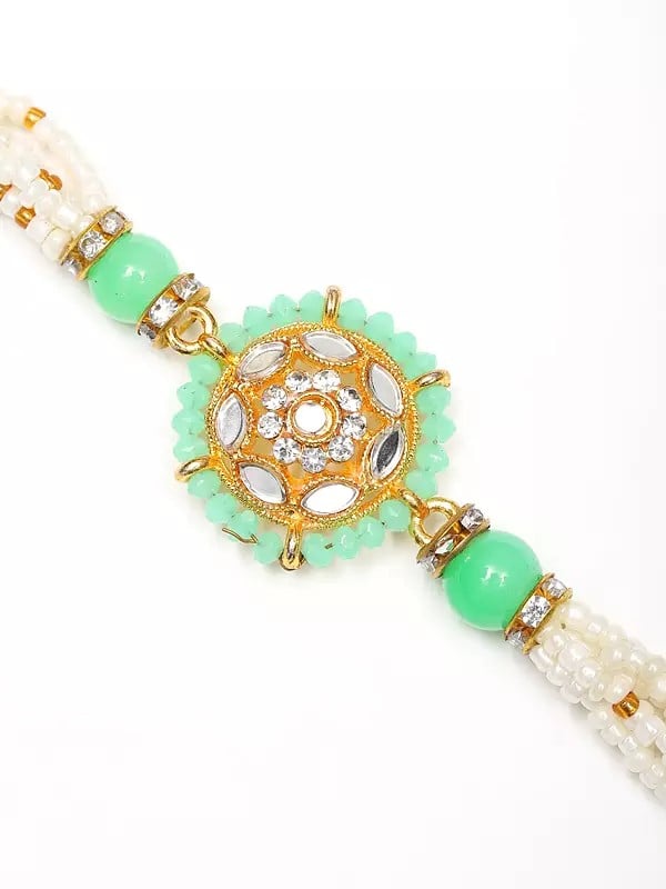 Exotic India Green And White Beaded Round Shaped Adjustable Bracelet Rakhi 