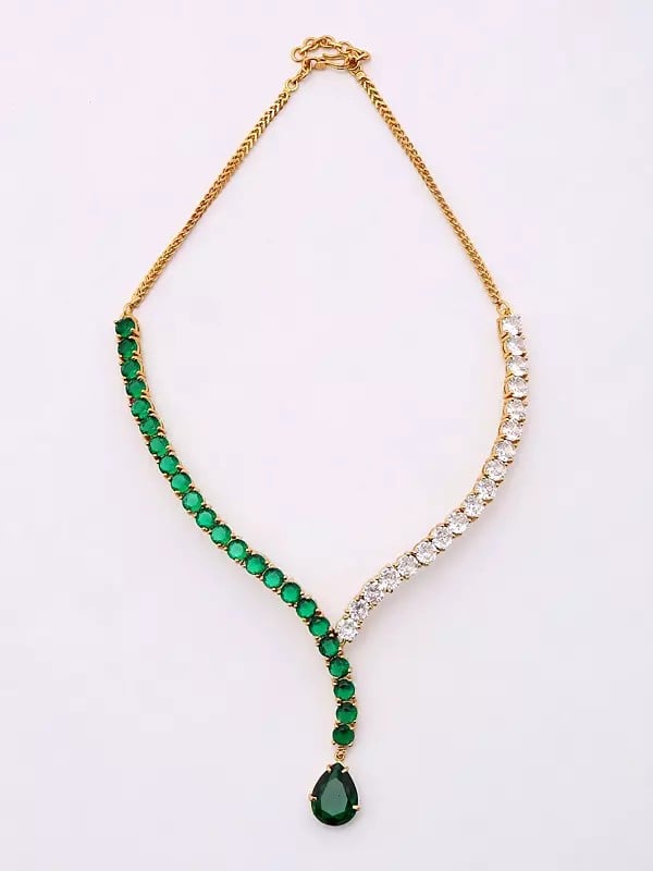 Exotic India Green And White Moissanite Lariat Style Necklace And Earring Set 