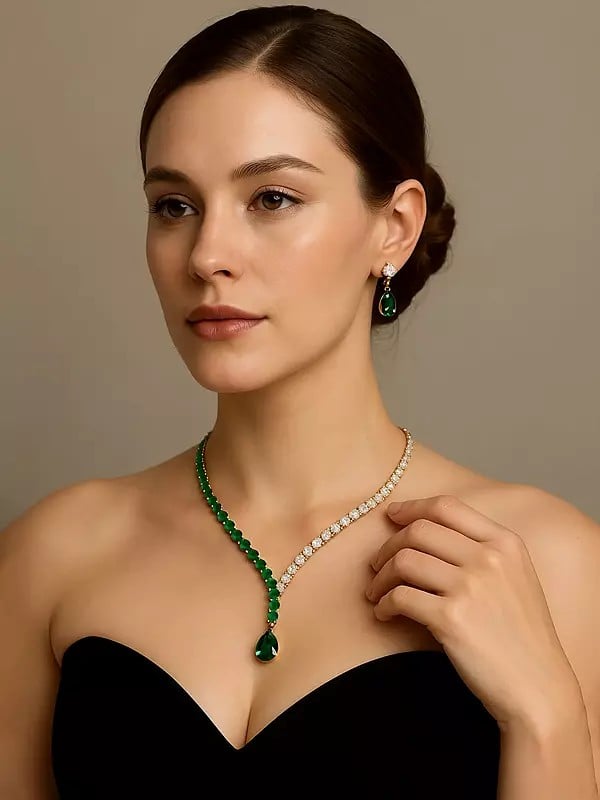 exotic india Green and White Moissanite Lariat Style Necklace and Earring Set 