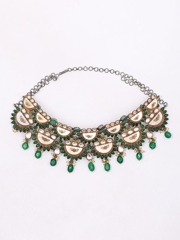 Exotic India Green And White Stone Studded Choker With Drop Beads