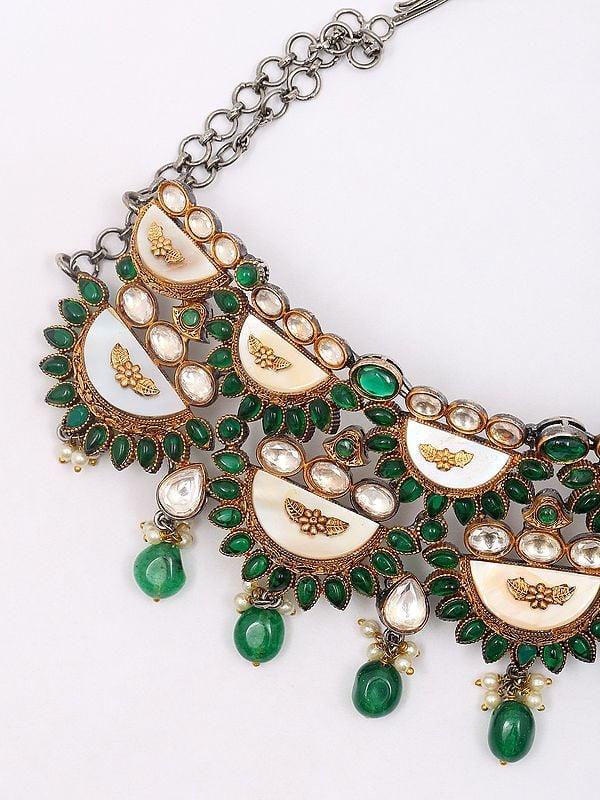 Exotic India Green And White Stone Studded Choker With Drop Beads