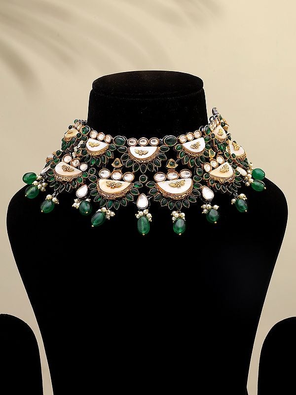 exotic india Green and White Stone Studded Choker with Drop Beads 