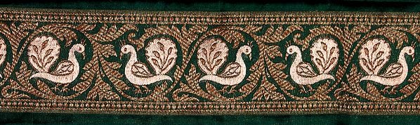 exotic india Green Banarasi Fabric Border with Woven Birds 