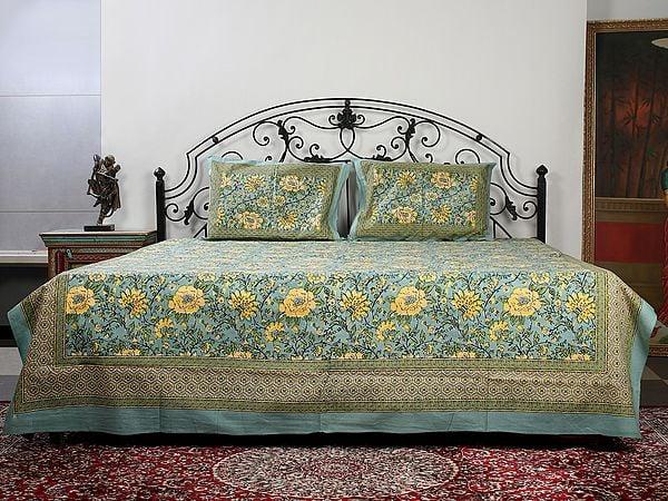Exotic India Green Base Cotton Queen Size Bedsheet With Multicolor Flower Vine Pattern Printed And Two Pillow Cover