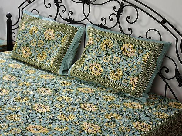 Exotic India Green Base Cotton Queen Size Bedsheet With Multicolor Flower Vine Pattern Printed And Two Pillow Cover