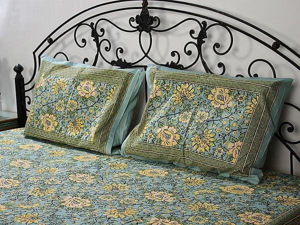 Exotic India Green Base Cotton Queen Size Bedsheet With Multicolor Flower Vine Pattern Printed And Two Pillow Cover