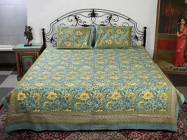 exotic india Green Base Cotton Queen Size Bedsheet with Multicolor Flower Vine Pattern Printed and Two Pillow Cover
