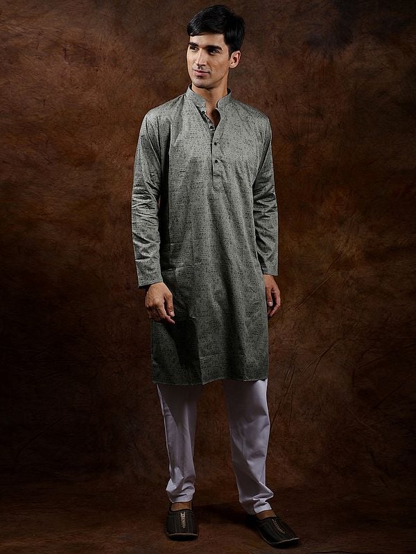 Exotic India Green-Bay Folk Printed Pure Cotton Kurta Pajama Set 