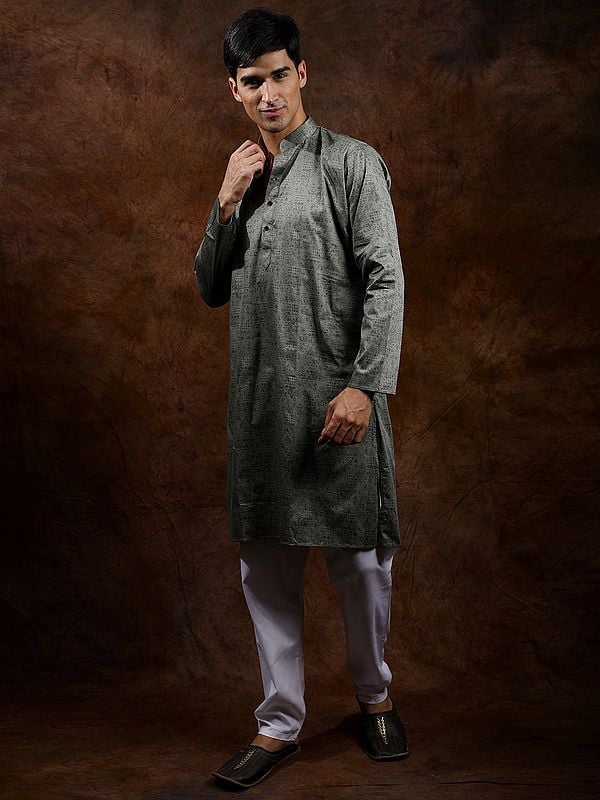 Exotic India Green-Bay Folk Printed Pure Cotton Kurta Pajama Set 
