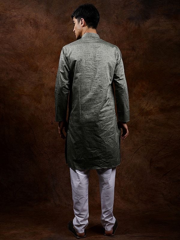 Exotic India Green-Bay Folk Printed Pure Cotton Kurta Pajama Set 