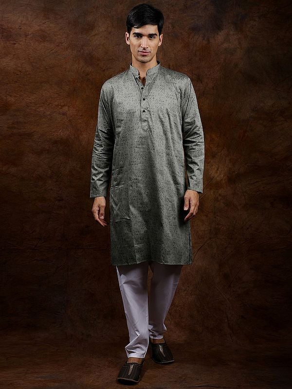 exotic india Green-Bay Folk Printed Pure Cotton Kurta Pajama Set 
