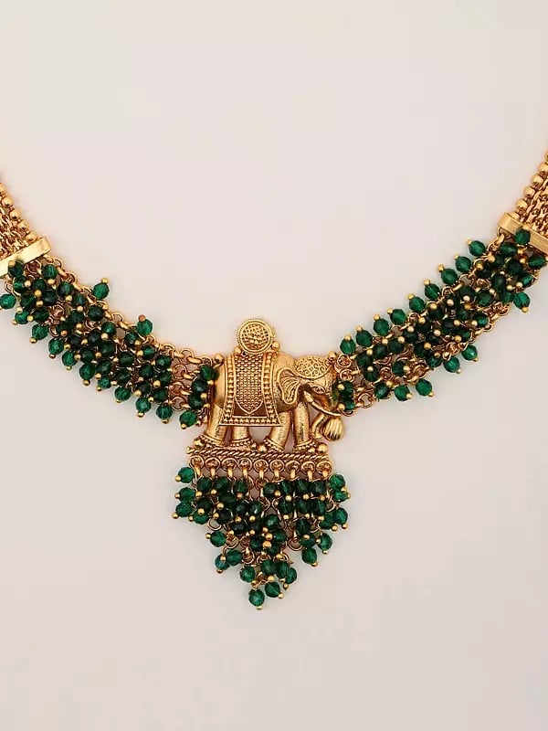 Exotic India Green Bedded Necklace Set With Earrings 