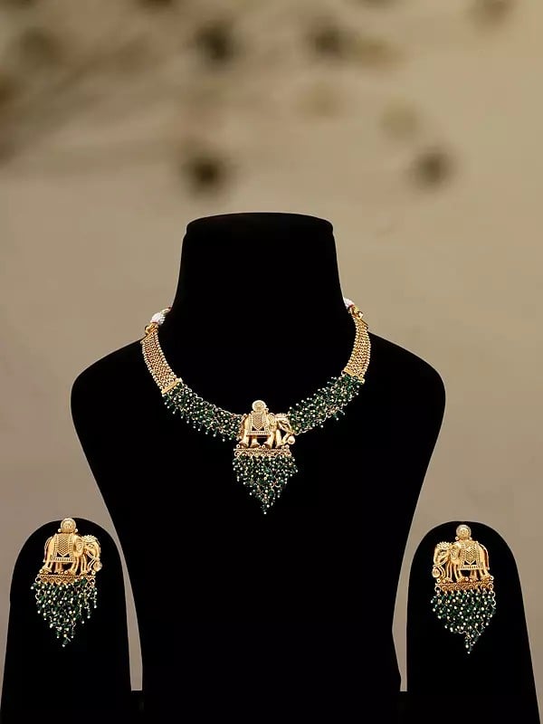 exotic india Green Bedded Necklace Set with Earrings 