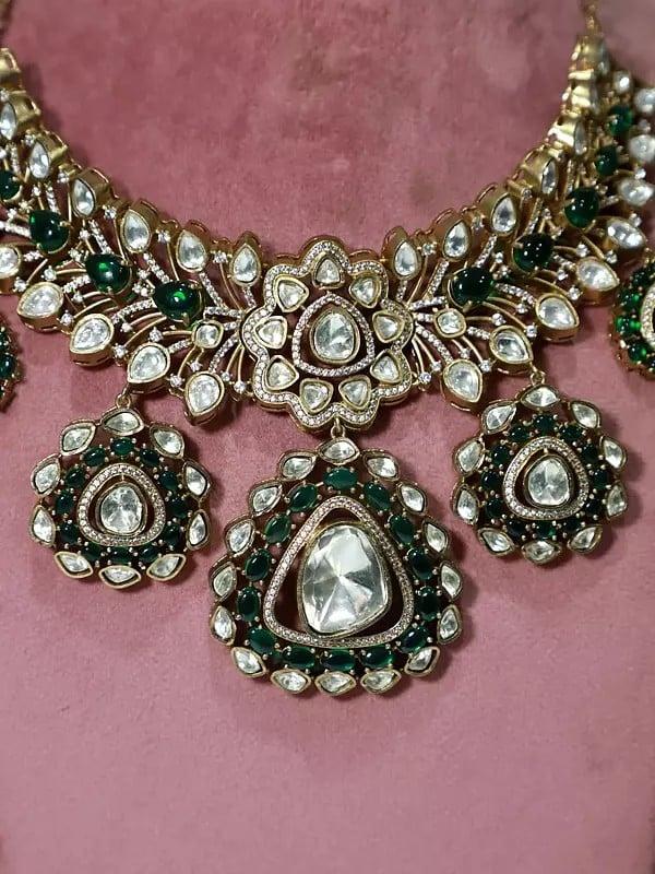 Exotic India Green Floral Design Embellished Copper And Kundan Necklace Set With Earrings