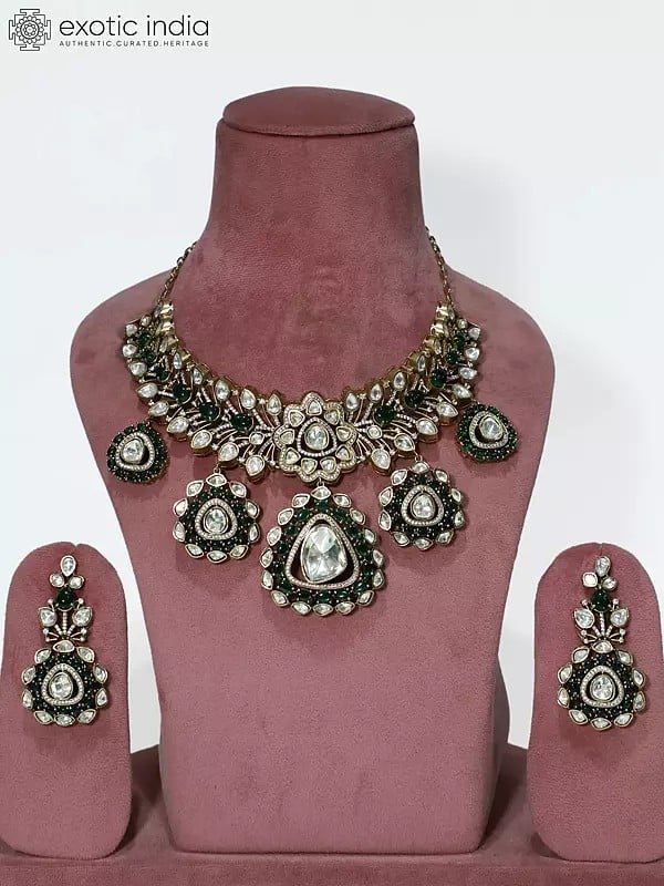 exotic india Green Floral Design Embellished Copper And Kundan Necklace Set With Earrings 