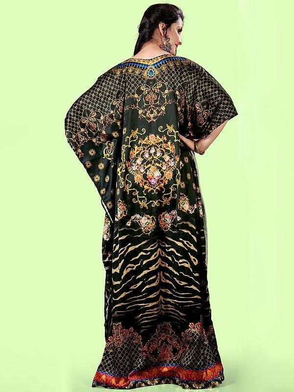 Exotic India Green-Gables Stone Work V-Neck Long Kaftan With Print Motifs 