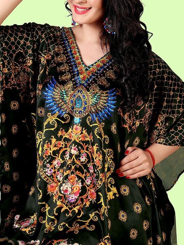 Exotic India Green-Gables Stone Work V-Neck Long Kaftan With Print Motifs 