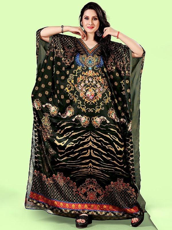 exotic india Green-Gables Stone work V-Neck Long Kaftan with Print Motifs 