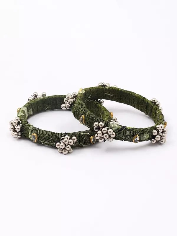Exotic India Green Handloom Sambalpuri Fabric Ghungroo Pair Of Bangle 