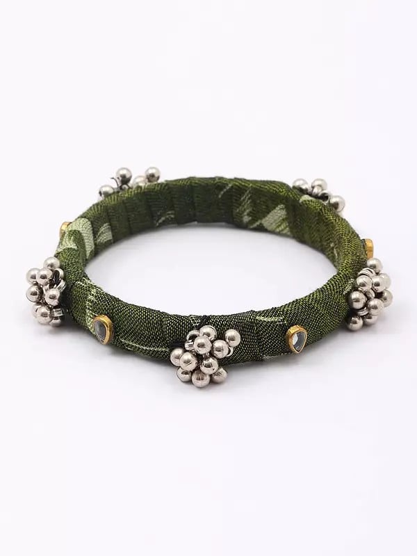 Exotic India Green Handloom Sambalpuri Fabric Ghungroo Pair Of Bangle 