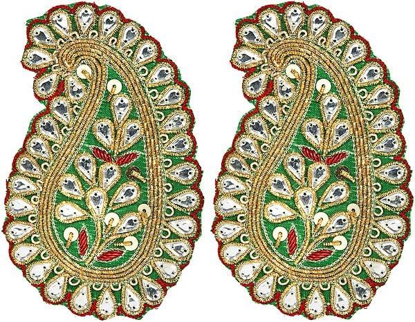 exotic india Green Paisley Zardozi Patch with Studded Stones and Sequins 