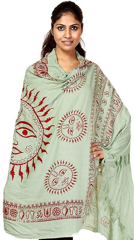 exotic india Green Sanatana Dharma Prayer Shawl with Large Printed Surya (Sun) God 