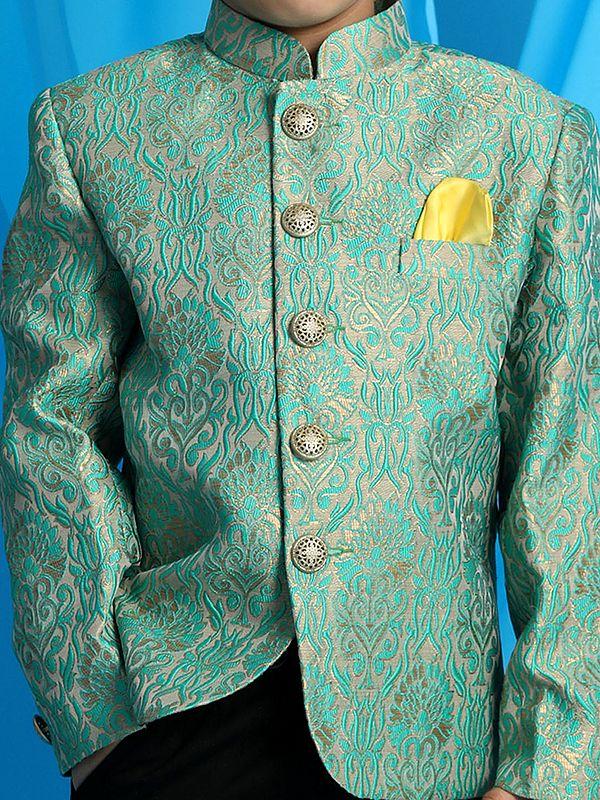 Exotic India Green Silk Blend Bracode Jodhpuri Coat 