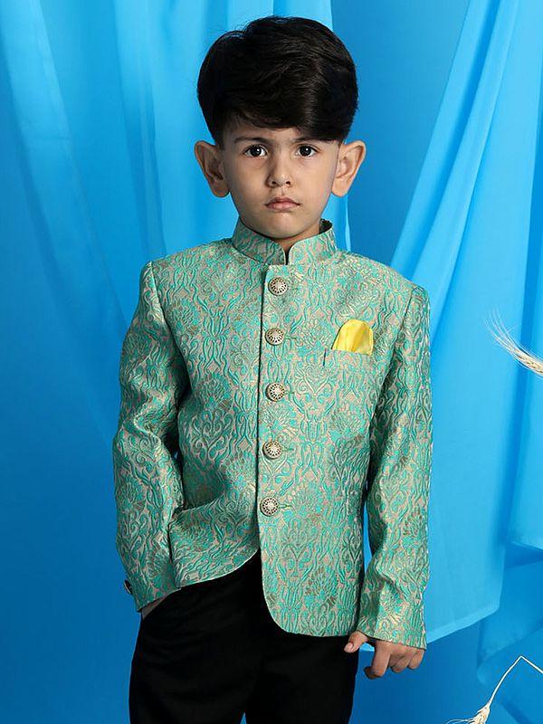 exotic india Green Silk Blend Bracode Jodhpuri Coat 