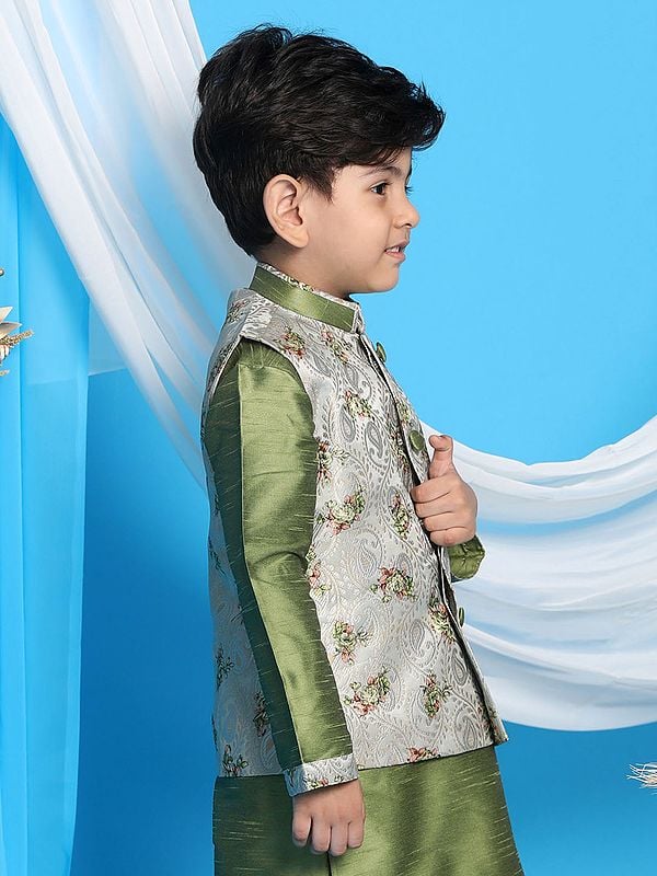 Exotic India Green Silk Blend Floral Pattern Modi Jacket 
