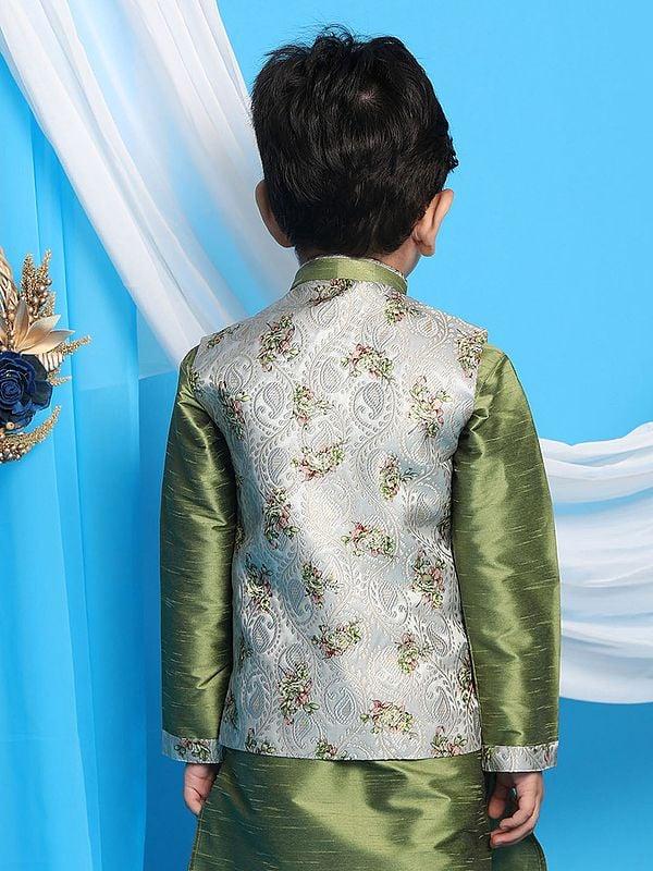 Exotic India Green Silk Blend Floral Pattern Modi Jacket 