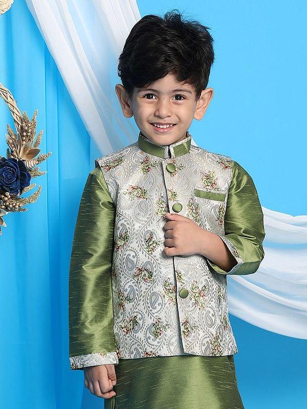 exotic india Green Silk Blend Floral Pattern Modi Jacket 