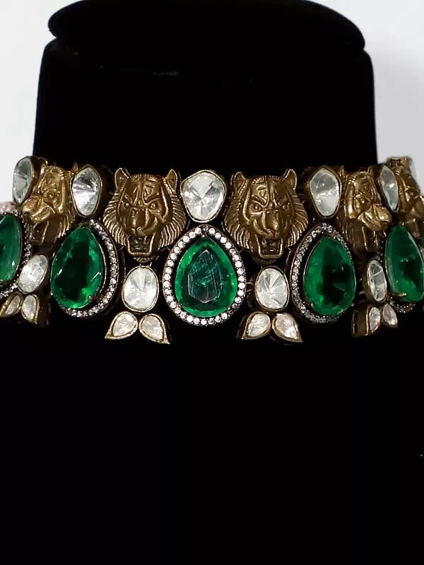 Exotic India Green Stone Studded Embellished Choker Necklace Set With Earrings