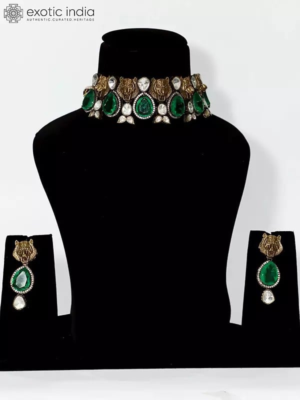 exotic india Green Stone Studded Embellished Choker Necklace Set With Earrings 