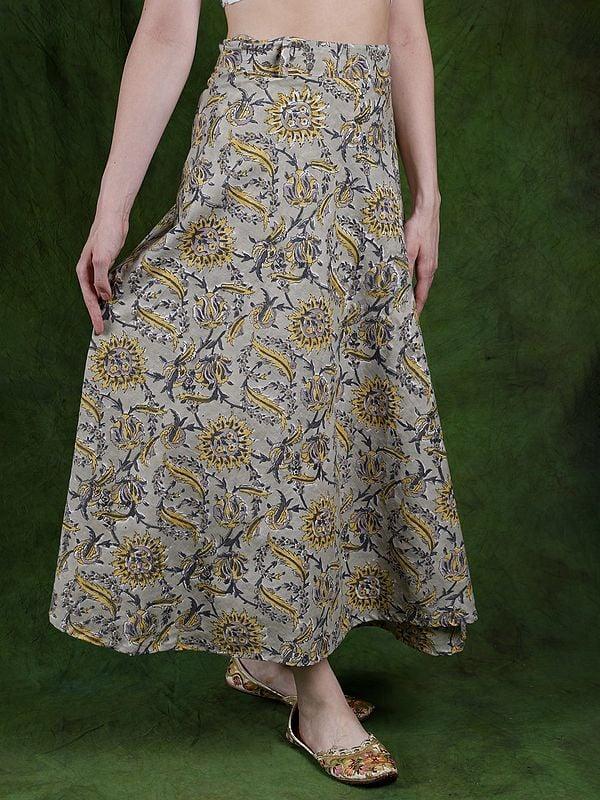 Exotic India Green-Tint Printed Wrap Around Long Skirt From Rajasthan 