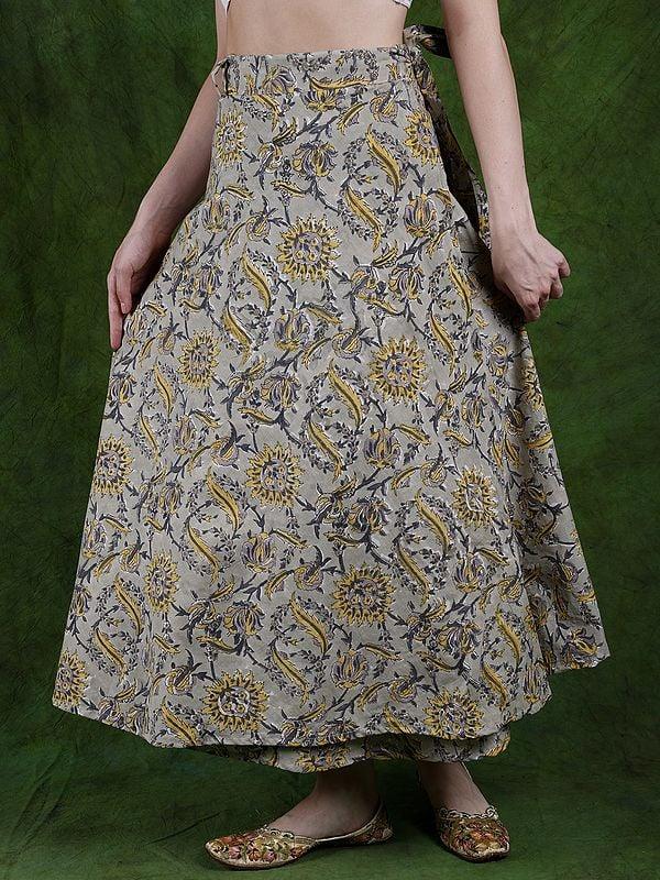 Exotic India Green-Tint Printed Wrap Around Long Skirt From Rajasthan 
