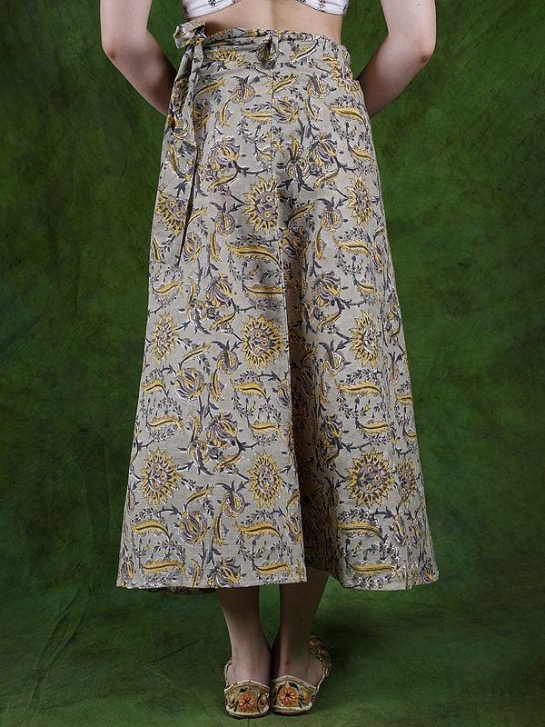 Exotic India Green-Tint Printed Wrap Around Long Skirt From Rajasthan 
