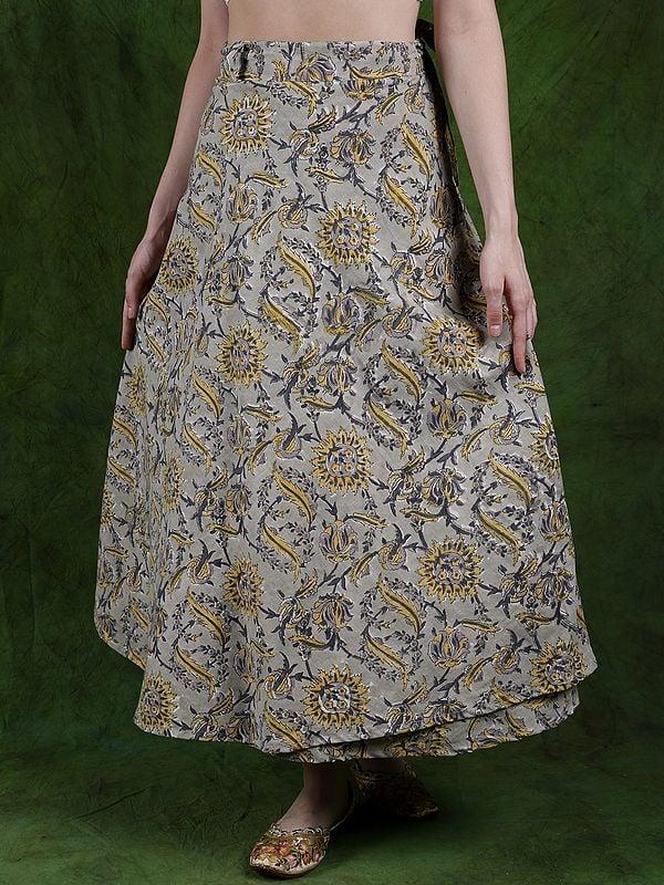 exotic india Green-Tint Printed Wrap Around Long Skirt from Rajasthan 