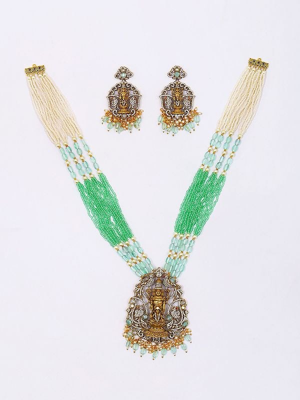 Exotic India Green & White Beaded And Stone Studded Lord Venkateshvara With Goddess Lakshmi Long Necklace And Earrings Set