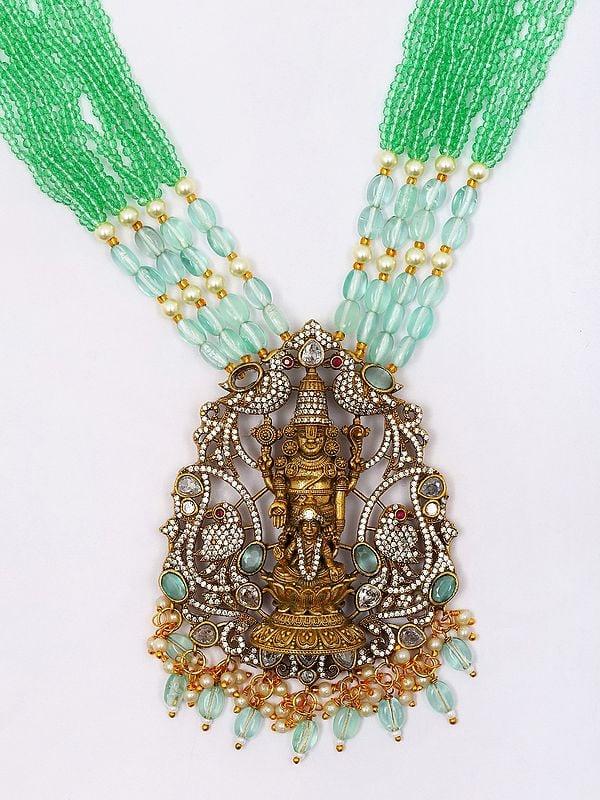 Exotic India Green & White Beaded And Stone Studded Lord Venkateshvara With Goddess Lakshmi Long Necklace And Earrings Set