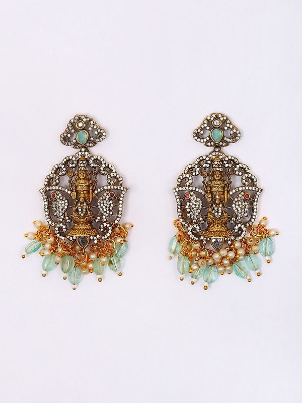 Exotic India Green & White Beaded And Stone Studded Lord Venkateshvara With Goddess Lakshmi Long Necklace And Earrings Set