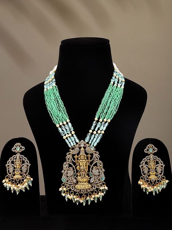 exotic india Green & White Beaded and Stone Studded Lord Venkateshvara with Goddess Lakshmi Long Necklace and Earrings Set 