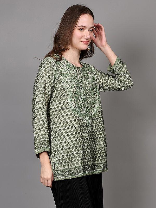 Exotic India Greenery Crepe Bootis Printed Shorti Kurti With Floral Embroidery 