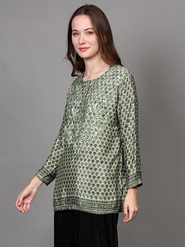 Exotic India Greenery Crepe Bootis Printed Shorti Kurti With Floral Embroidery 