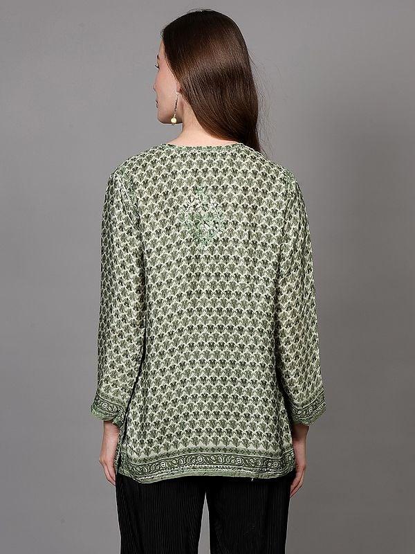 Exotic India Greenery Crepe Bootis Printed Shorti Kurti With Floral Embroidery 