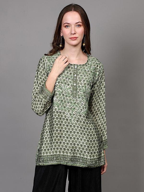exotic india Greenery Crepe Bootis Printed Shorti Kurti with Floral Embroidery 