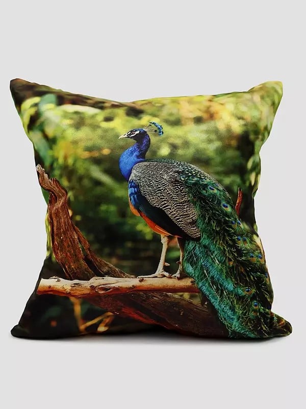 exotic india Greenery Digital Printed Peacock Cushion Cover 
