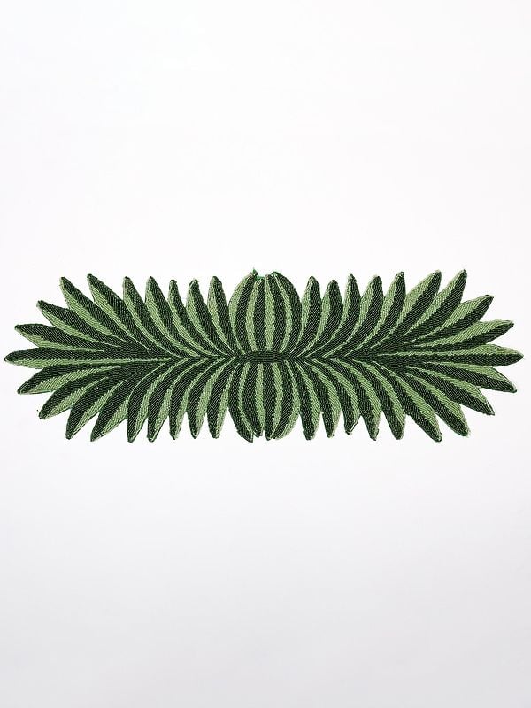 exotic india Greenery Table Runner with All-over Leaf Pattern Beads work 